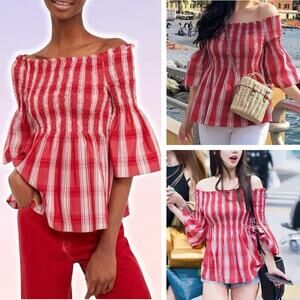 NWT ZARA Off the Shoulder Bell Sleeve Smocked Top Sz Medium Striped Red / White